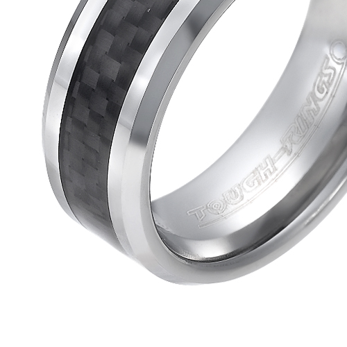 Tungsten wedding bands - beveled edges polished tungsten ring with delicate carbon fiber inlay - 8mm