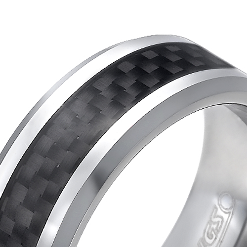 Tungsten wedding bands - beveled edges polished tungsten ring with delicate carbon fiber inlay - 8mm