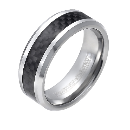 Tungsten wedding bands - beveled edges polished tungsten ring with delicate carbon fiber inlay - 8mm