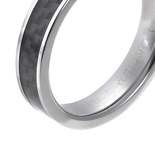 Tungsten wedding bands - delicate polished tungsten ring with black carbon inlay - 5mm