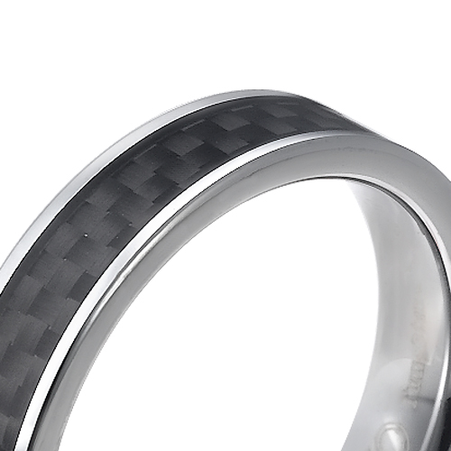 Tungsten wedding bands - delicate polished tungsten ring with black carbon inlay - 5mm