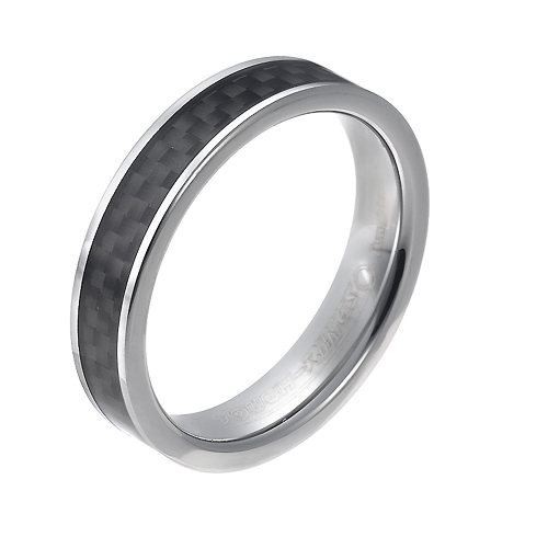 Tungsten wedding bands - delicate polished tungsten ring with black carbon inlay - 5mm