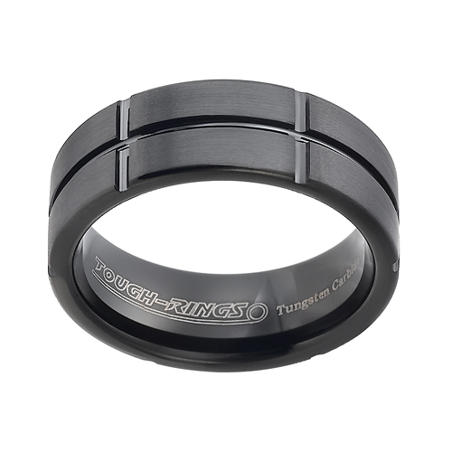 Tungsten wedding bands - brushed black oxidized tungsten ring with engraved trims - 8mm