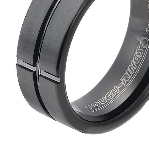 Tungsten wedding bands - brushed black oxidized tungsten ring with engraved trims - 8mm