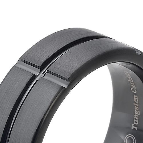 Tungsten wedding bands - brushed black oxidized tungsten ring with engraved trims - 8mm