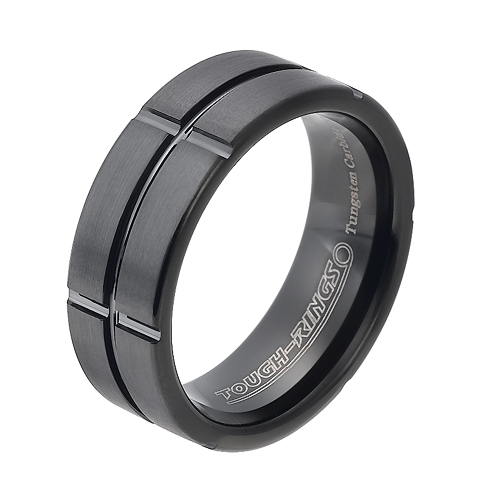 Tungsten wedding bands - brushed black oxidized tungsten ring with engraved trims - 8mm