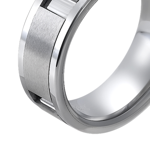 Tungsten wedding bands - polished tungsten ring with brushed tungsten plates inlay - 8mm

