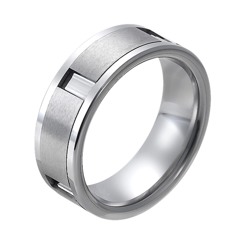 Tungsten wedding bands - polished tungsten ring with brushed tungsten plates inlay - 8mm
