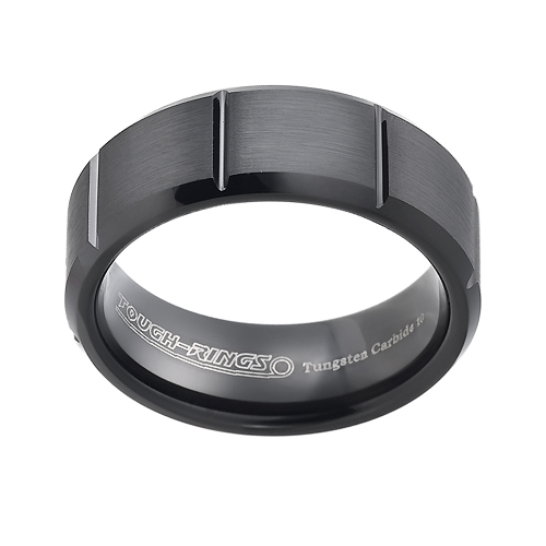 Tungsten wedding bands - brushed black oxidized tungsten ring with engraved trims - 8mm