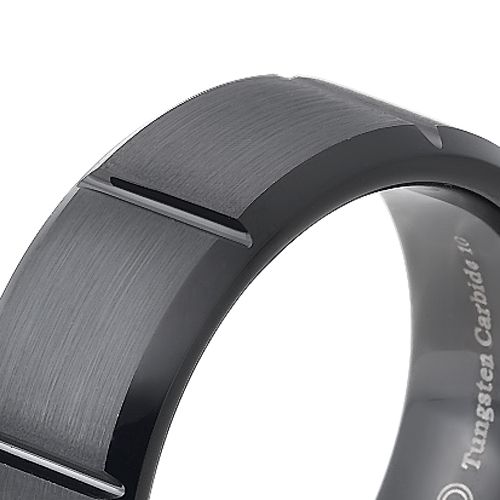 Tungsten wedding bands - brushed black oxidized tungsten ring with engraved trims - 8mm