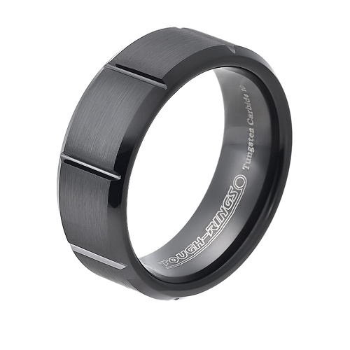 Tungsten wedding bands - brushed black oxidized tungsten ring with engraved trims - 8mm