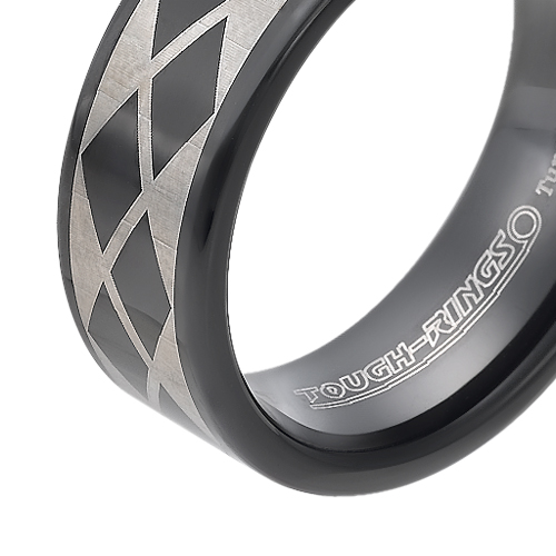 Tungsten wedding bands - black oxidized polished tungsten ring with silver trims - 8mm