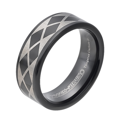 Tungsten wedding bands - black oxidized polished tungsten ring with silver trims - 8mm