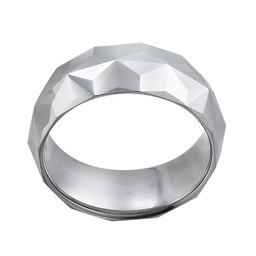 Tungsten wedding bands - polished star shaped diamond cut tungsten ring - 8mm