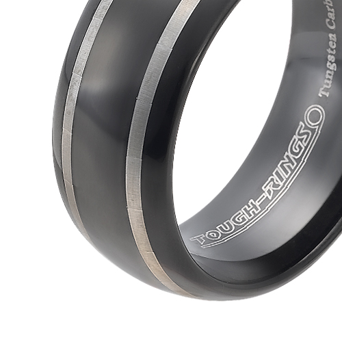 Tungsten wedding bands - black oxidized tungsten ring with two stripes trim and rounded edges - 8mm