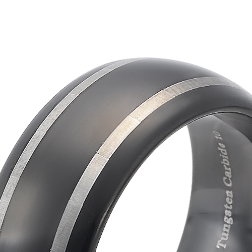 Tungsten wedding bands - black oxidized tungsten ring with two stripes trim and rounded edges - 8mm
