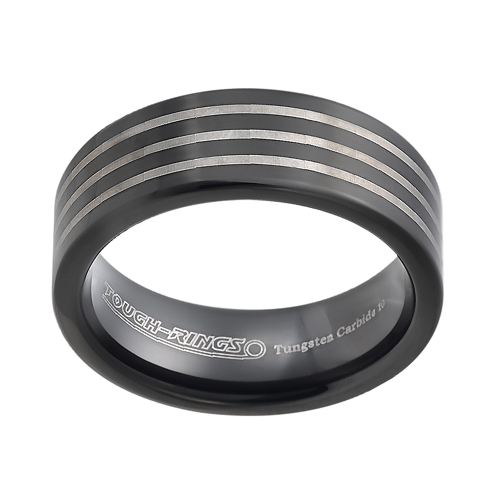 Tungsten wedding bands - black oxidized tungsten ring with three stripes trim - 8mm