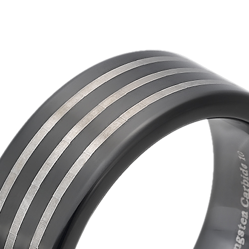 Tungsten wedding bands - black oxidized tungsten ring with three stripes trim - 8mm