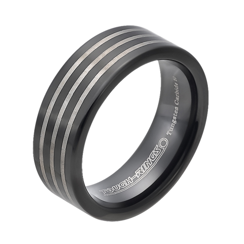 Tungsten wedding bands - black oxidized tungsten ring with three stripes trim - 8mm