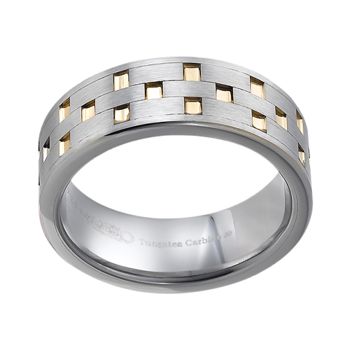 Tungsten wedding bands - brushed tungsten ring with hand engraved gold plating - 8mm