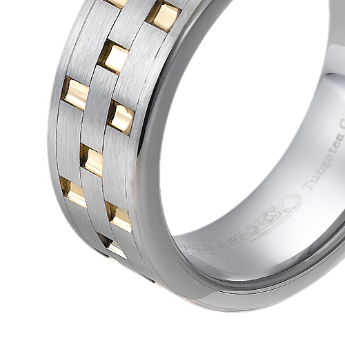 Tungsten wedding bands - brushed tungsten ring with hand engraved gold plating - 8mm