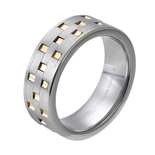 Tungsten wedding bands - brushed tungsten ring with hand engraved gold plating - 8mm