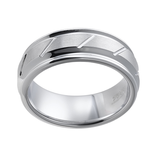 Tungsten wedding bands - polished tungsten ring with hand engraved trims and white finishing - 8mm