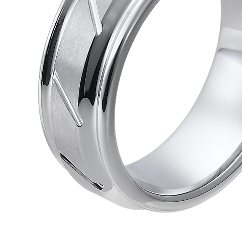 Tungsten wedding bands - polished tungsten ring with hand engraved trims and white finishing - 8mm