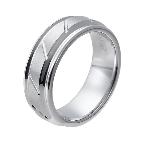 Tungsten wedding bands - polished tungsten ring with hand engraved trims and white finishing - 8mm