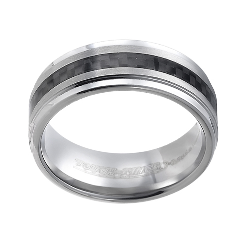Tungsten wedding bands - polished tungsten ring with black carbon fibers inlay - 8mm