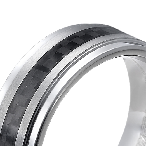 Tungsten wedding bands - polished tungsten ring with black carbon fibers inlay - 8mm