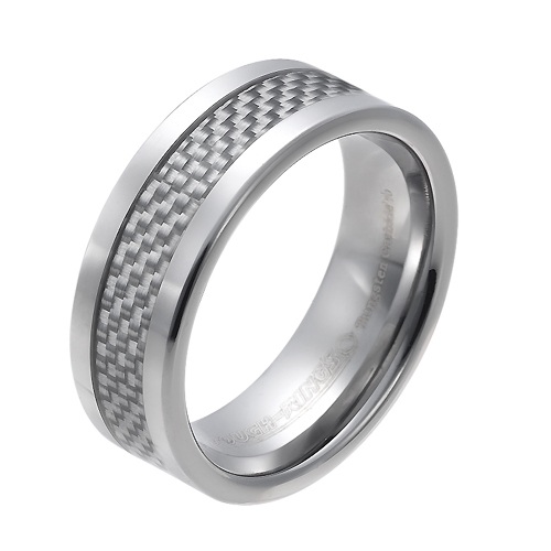 Tungsten wedding bands - polished tungsten ring with inner inlay of grey carbon fibers - 8mm