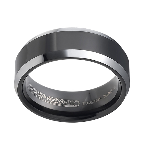 Tungsten wedding bands - polished black oxidized tungsten ring with beveled edges - 8mm