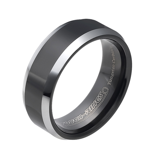 Tungsten wedding bands - polished black oxidized tungsten ring with beveled edges - 8mm