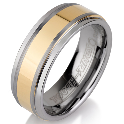 Tungsten wedding bands - polished tungsten ring with polished gold plated center - 8mm