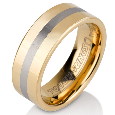 Tungsten wedding bands - polished gold plated tungsten ring with silver center trim - 8mm