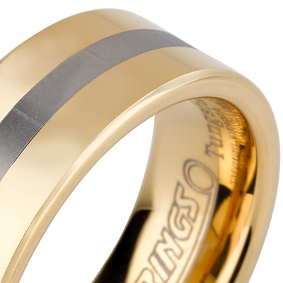 Tungsten wedding bands - polished gold plated tungsten ring with silver center trim - 8mm