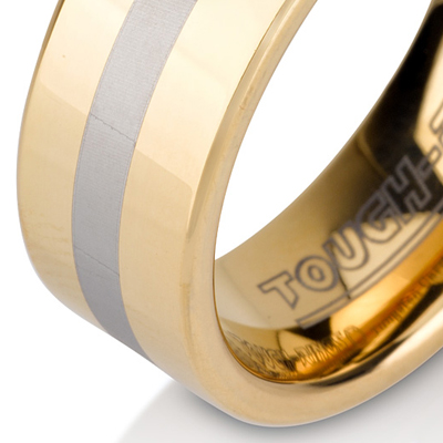 Tungsten wedding bands - polished gold plated tungsten ring with silver center trim - 8mm