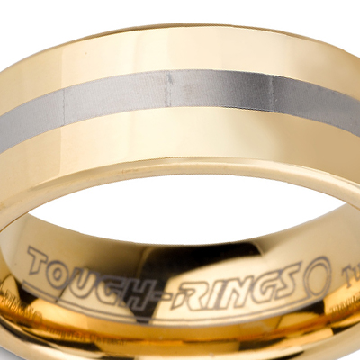 Tungsten wedding bands - polished gold plated tungsten ring with silver center trim - 8mm