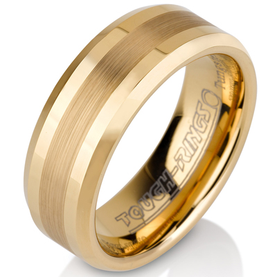 Tungsten wedding bands - gold plated polished tungsten ring with brushed center and beveled edges - 8mm