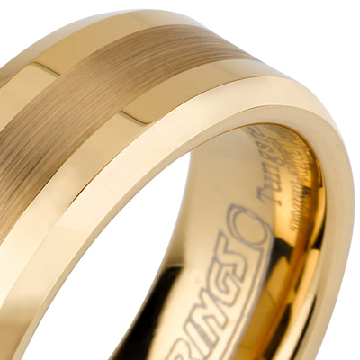 Tungsten wedding bands - gold plated polished tungsten ring with brushed center and beveled edges - 8mm