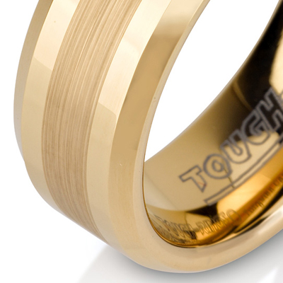 Tungsten wedding bands - gold plated polished tungsten ring with brushed center and beveled edges - 8mm