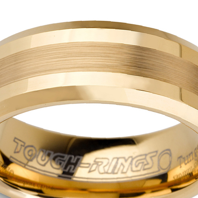 Tungsten wedding bands - gold plated polished tungsten ring with brushed center and beveled edges - 8mm
