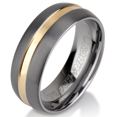 Tungsten wedding bands - brushed tungsten ring with polished gold centered inlay - 8mm