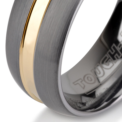 Tungsten wedding bands - brushed tungsten ring with polished gold centered inlay - 8mm