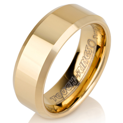 Tungsten wedding bands - polished gold plated tungsten ring with beveled edges - 8mm