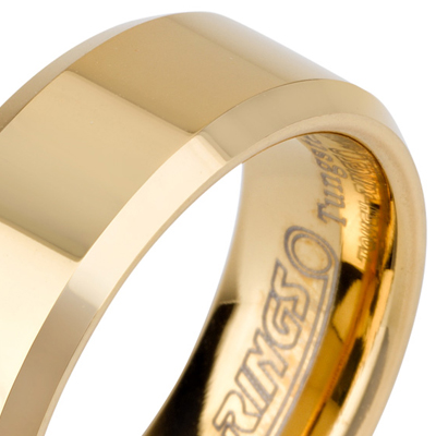 Tungsten wedding bands - polished gold plated tungsten ring with beveled edges - 8mm