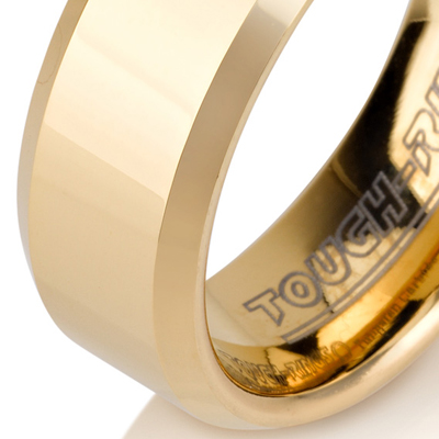 Tungsten wedding bands - polished gold plated tungsten ring with beveled edges - 8mm