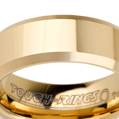 Tungsten wedding bands - polished gold plated tungsten ring with beveled edges - 8mm