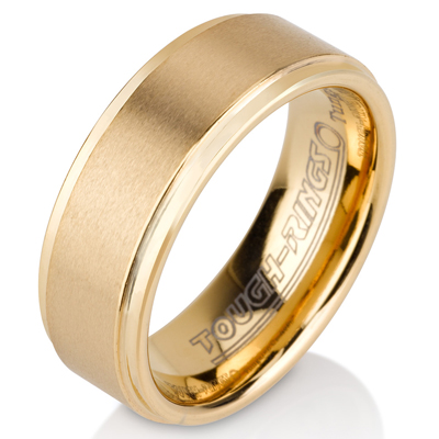 Tungsten wedding bands - brushed gold plated tungsten ring with polished sides - 8mm